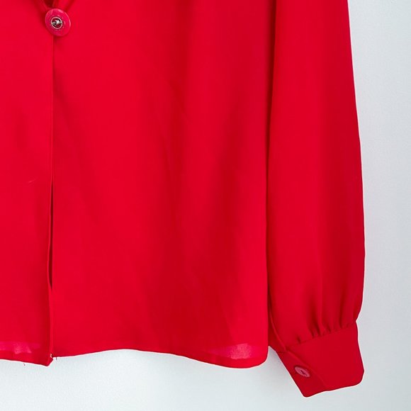 Vintage Paris Red Silky Open Blouse Sheer Plunging Neckline Embroidered Collar S - Picture 3 of 10